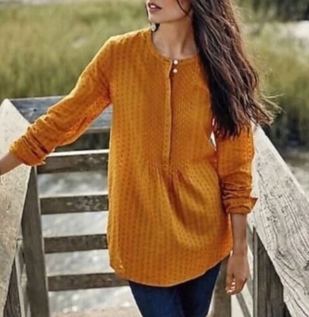 J Jill Swiss Dot Pintuck Cotton Tunic Top Golden Mustard Boho Prairie Cottage XL
